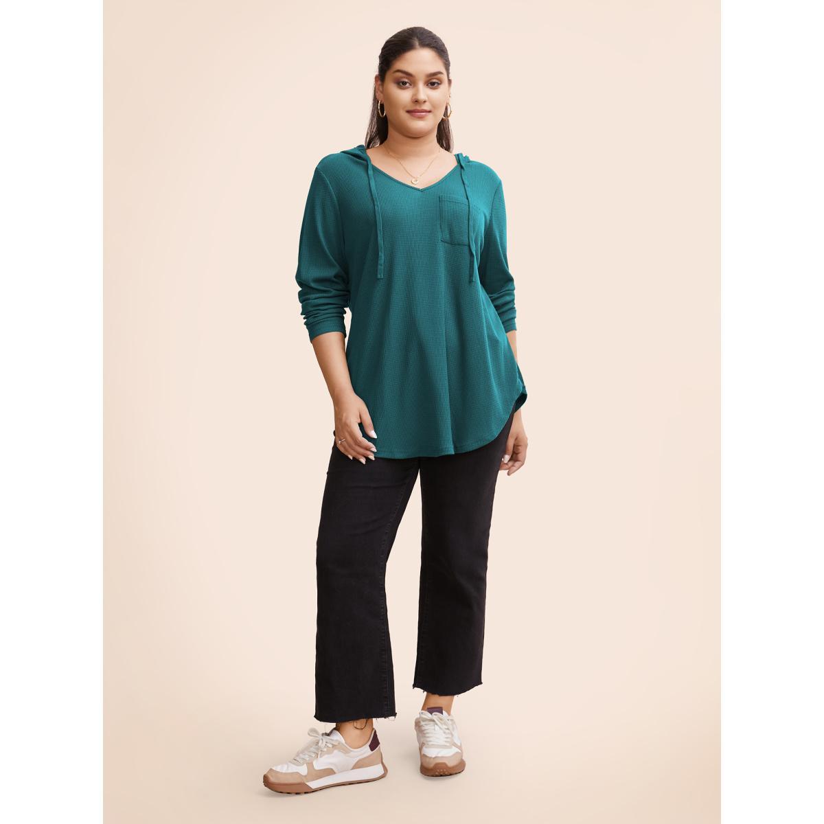 Plus Size Waffle Knit Pocket Hooded Drawstring Arc Hem T-shirt Teal Women Casual Texture Plain Hooded Everyday T-shirts BloomChic 14-16/1X Product Image
