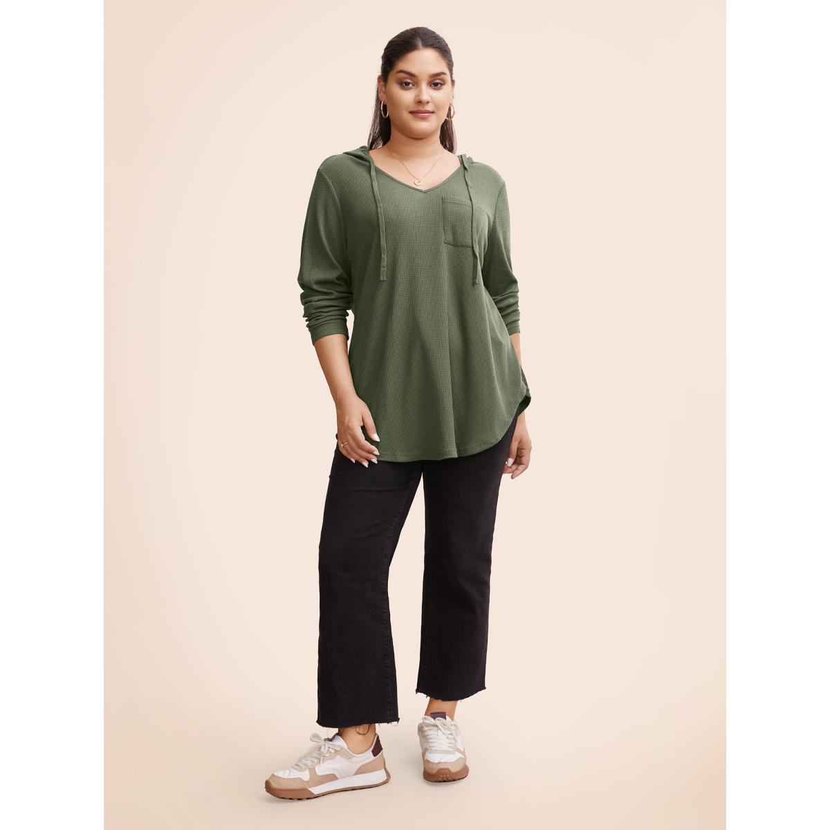 Plus Size Waffle Knit Pocket Hooded Drawstring Arc Hem T-shirt Green Women Casual Texture Plain Hooded Everyday T-shirts BloomChic 22-24/3X Product Image