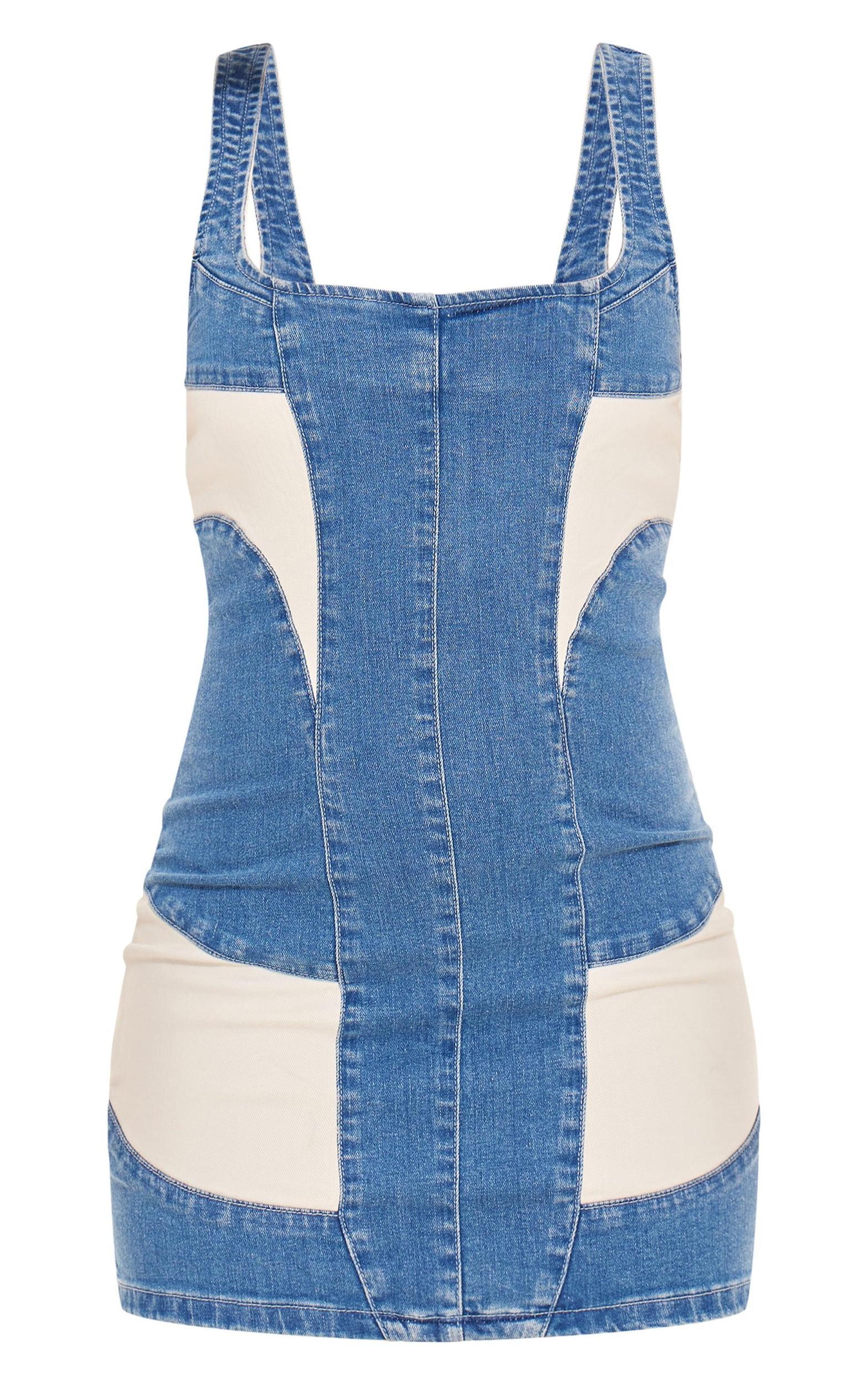 Light Blue Wash Contrast Panel Detail Bodycon Denim Dress Product Image