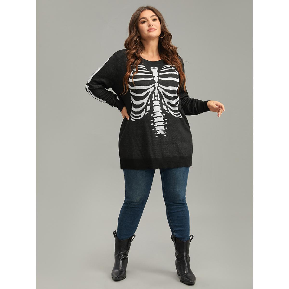 Plus Size Halloween Skull Print Elastic Cuffs Pullover Black Women Casual Loose Long Sleeve V-neck Festival-Halloween Pullovers BloomChic 10/M Product Image