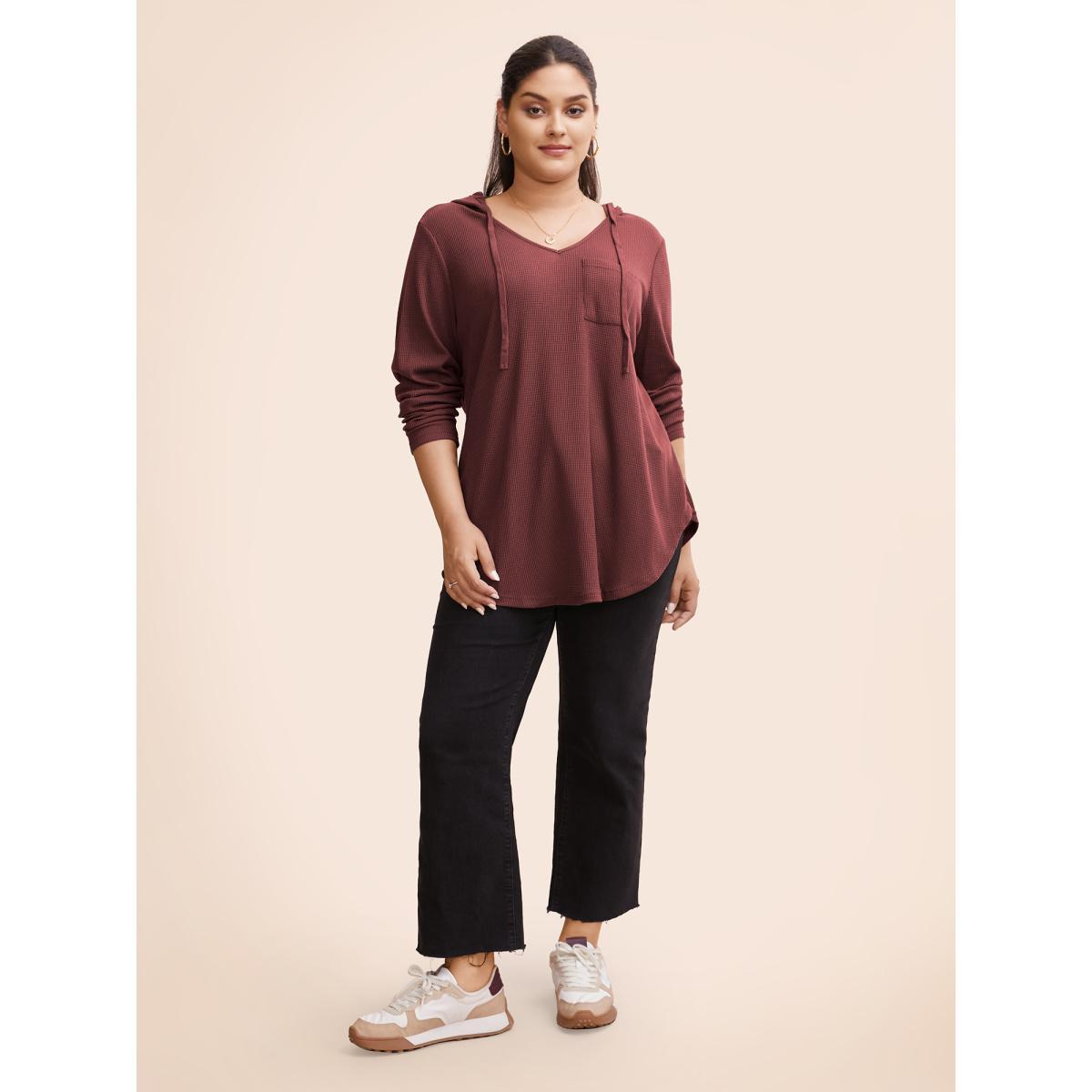 Plus Size Waffle Knit Pocket Hooded Drawstring Arc Hem T-shirt Teal Women Casual Texture Plain Hooded Everyday T-shirts BloomChic 14-16/1X Product Image