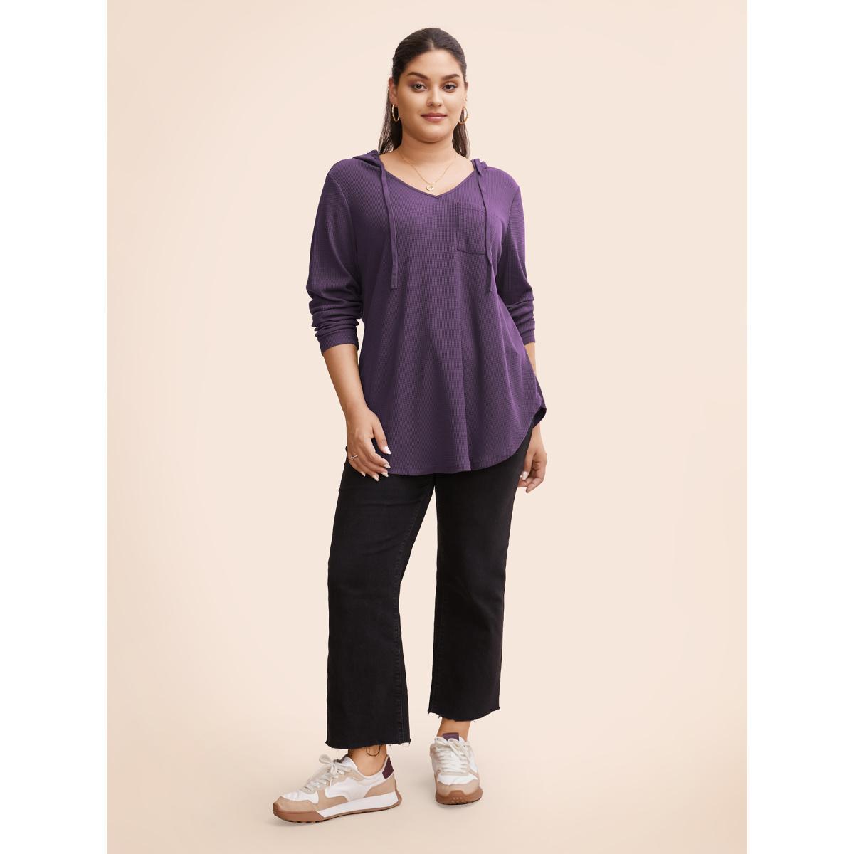 Plus Size Waffle Knit Pocket Hooded Drawstring Arc Hem T-shirt Teal Women Casual Texture Plain Hooded Everyday T-shirts BloomChic 14-16/1X Product Image