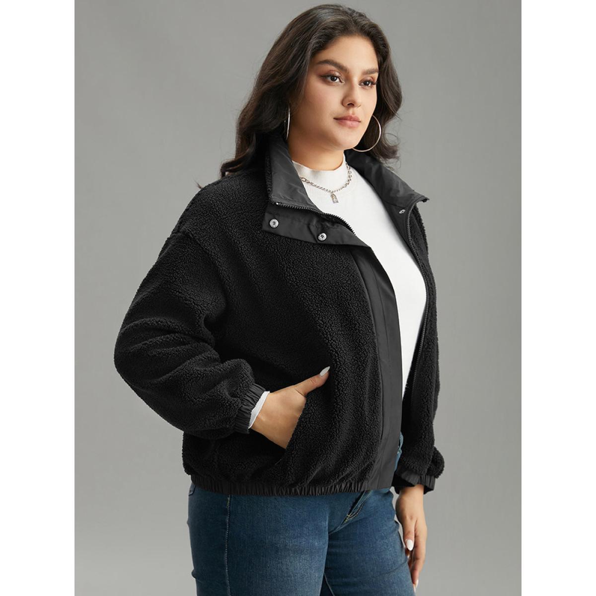 Plus Size Solid Patchwork Button Up Pocket Zipper Jacket Women Black Zipper Pocket Dailywear Jackets BloomChic 26/4X Product Image