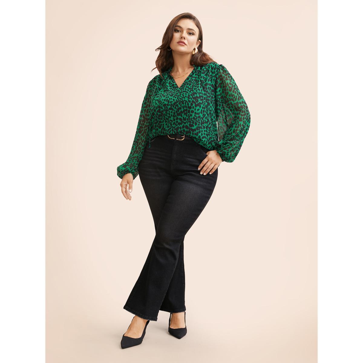 Plus Size DarkGreen Leopard Print Tie Knot Lantern Sleeve Blouse Women Elegant Long Sleeve V-neck Everyday Blouses BloomChic 26/4X Product Image