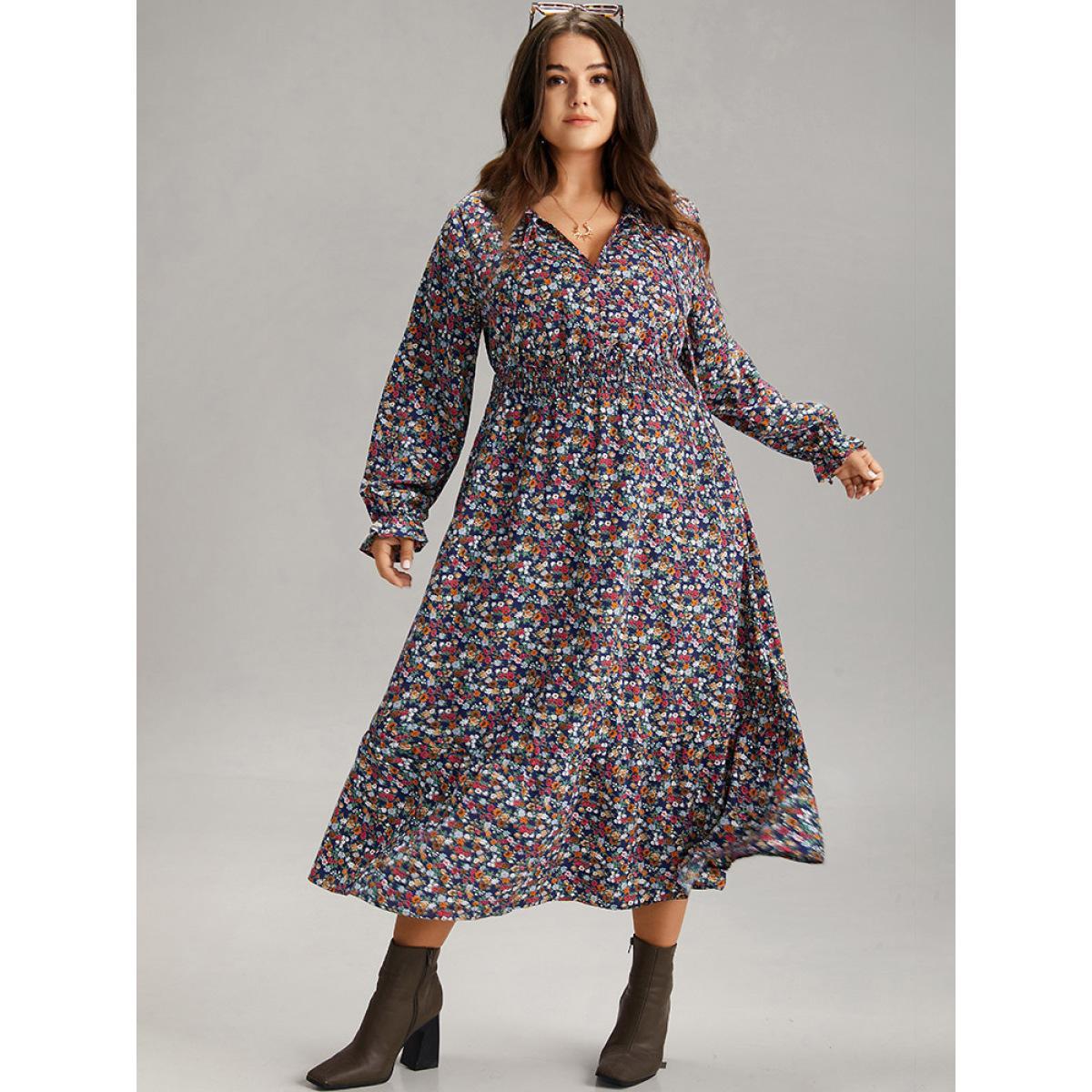Plus Size Ditsy Floral Shirred Frill Trim Ties Dress DarkBlue Women Elegant Elastic cuffs V-neck Long Sleeve Curvy Midi Dress BloomChic 14-16/1X Product Image