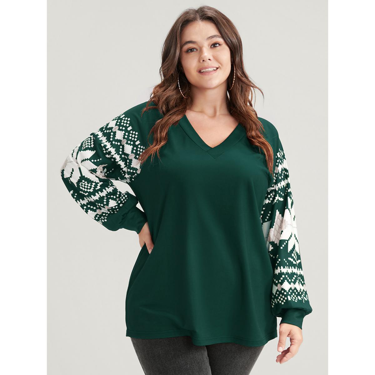 Plus Size Snowflake Print V Neck Drop Shoulder Sweatshirt Women DarkGreen Casual Contrast V-neck Festival-Christmas Sweatshirts BloomChic 22-24/3X Product Image