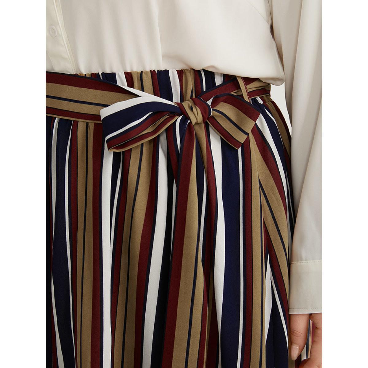 Plus Size Striped Ties Elastic Waist A-line Skirt Women DarkBlue Office A-line Loose No stretch Belt Work Skirts BloomChic 10/M Product Image