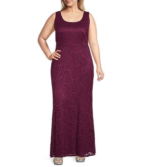 R & M Richards Plus Size Stretch Lace Charmeuse Round Neck 3/4 Sleeves Glitter 2-Piece Jacket Dress Product Image