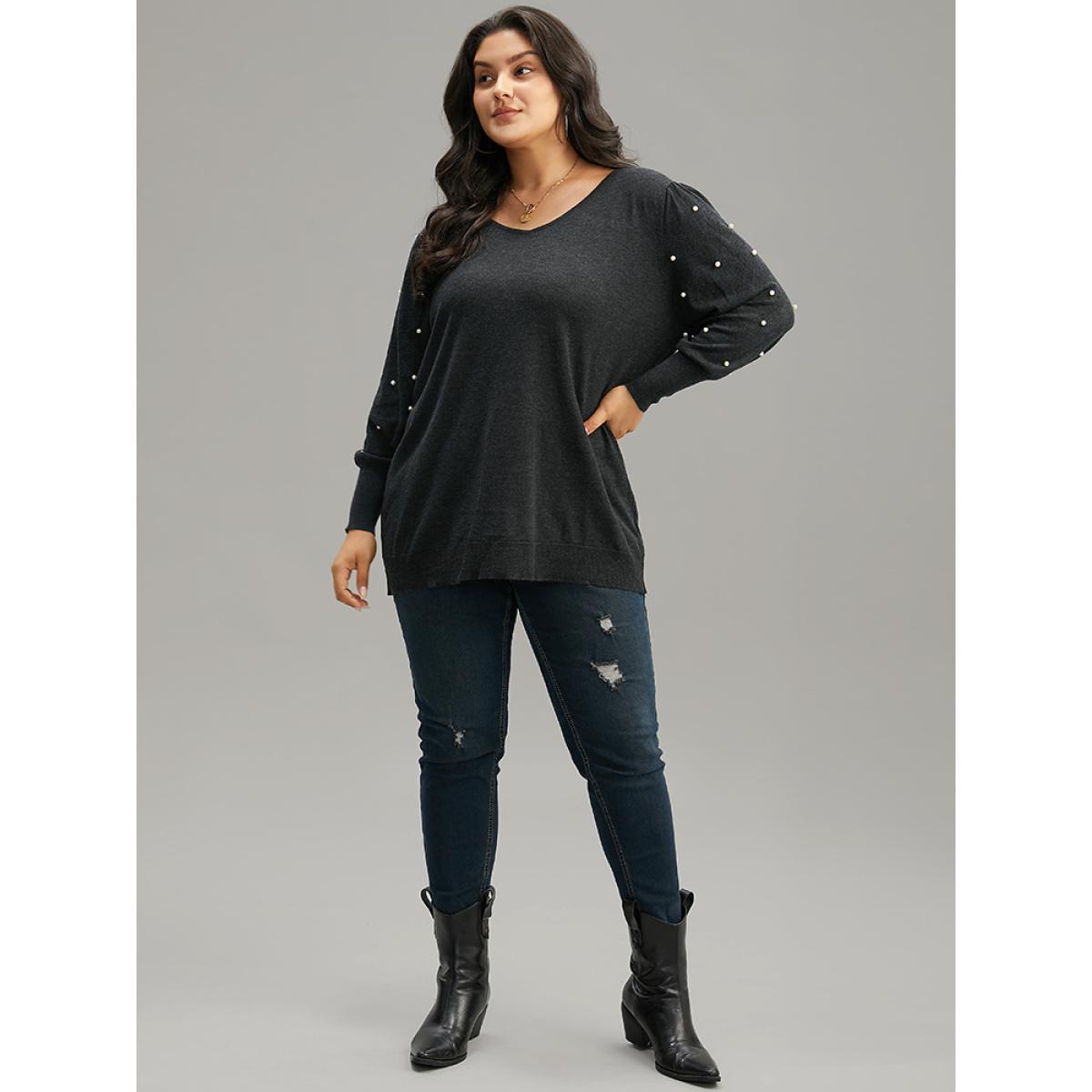 Plus Size Supersoft Essentials Solid Pearl Beaded Elastic Cuffs Pullover Black Women Casual Long Sleeve V-neck Dailywear Pullovers BloomChic 14-16/1X Product Image