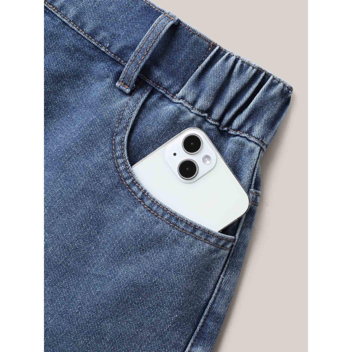 Plus Size A-Line Classic Midi Denim Skirt Women Denimblue Vacation No stretch Medium Wash 22/3X Slanted pocket Denim Skirts BloomChic Product Image