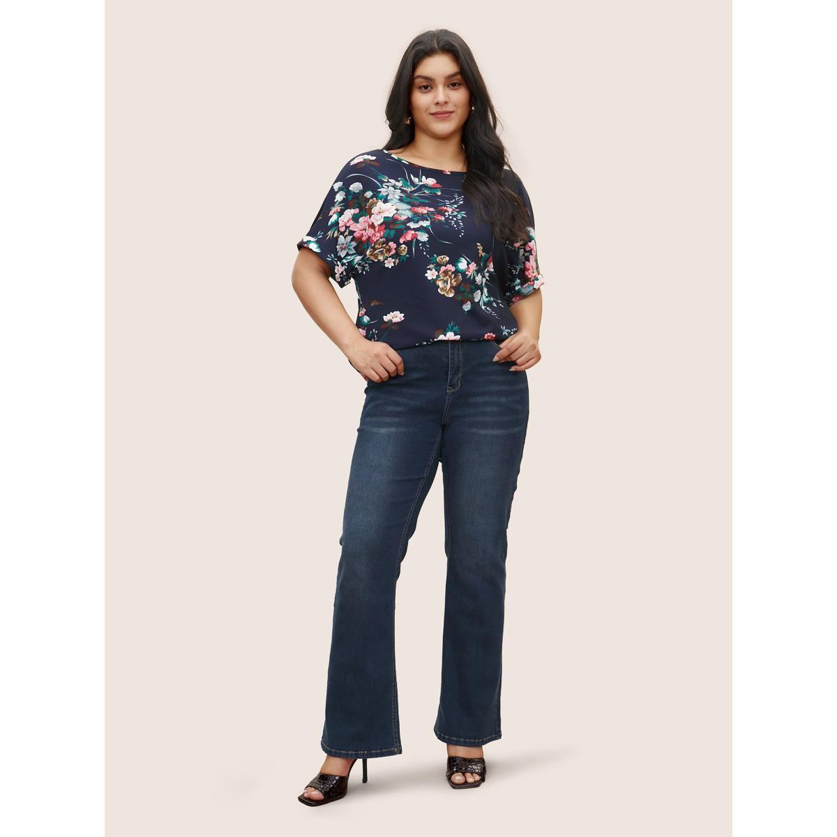 Plus Size Floral Print Crew Neck Cuffed Sleeve T-shirt Midnight Women Casual Non Floral Round Neck Everyday T-shirts BloomChic 18-20/2X Product Image