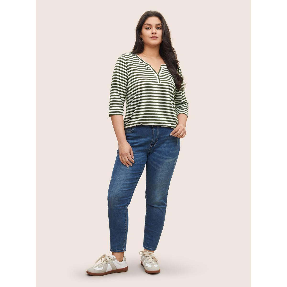 Plus Size Striped Print Notched T-shirt ArmyGreen Women Casual Contrast Striped Notched collar Everyday T-shirts BloomChic 22-24/3X Product Image