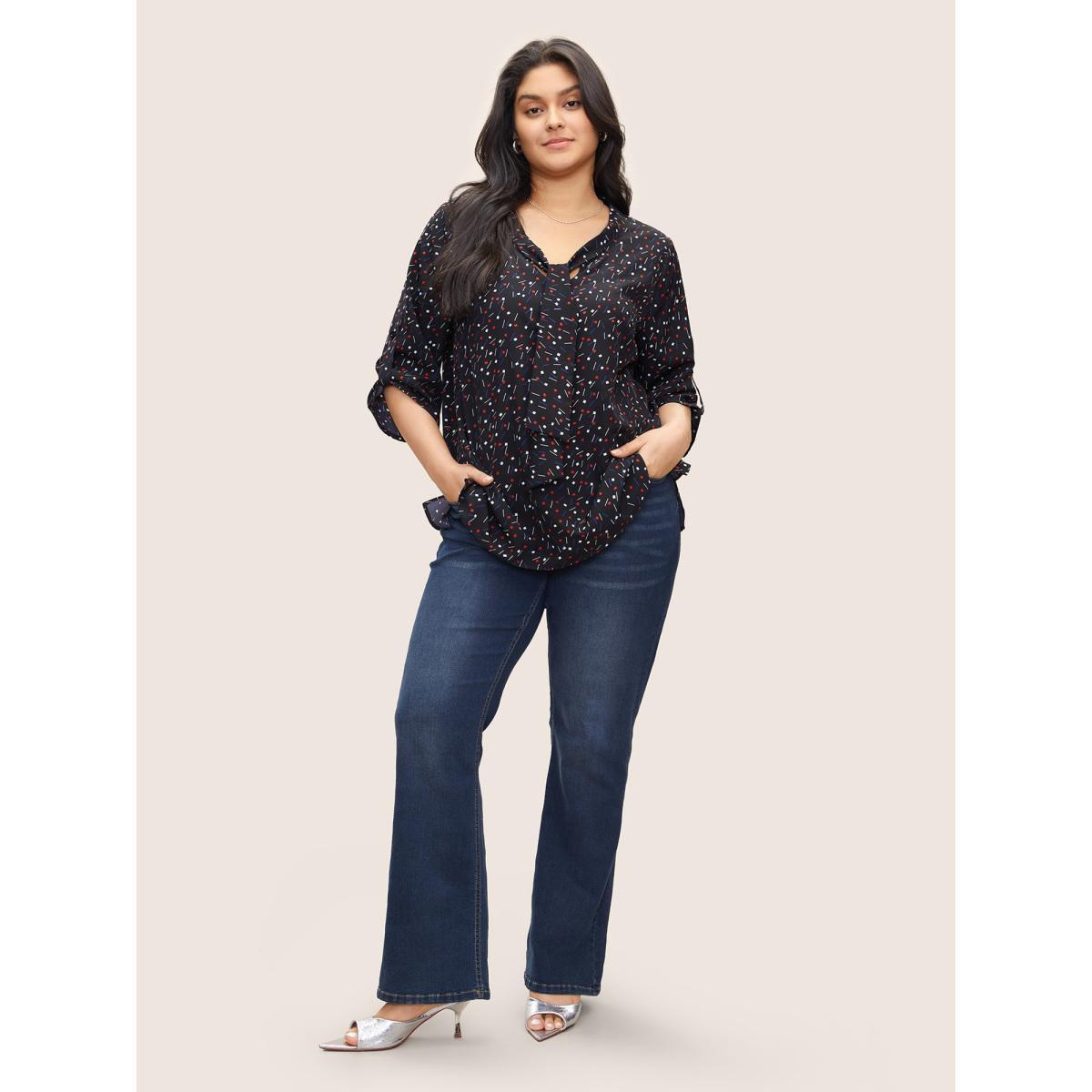 Plus Size Black Geometric Tab Sleeve Tie Neck Blouse Women At the Office Elbow-length sleeve Ribbon-tied collar Work Blouses BloomChic 10/M Product Image