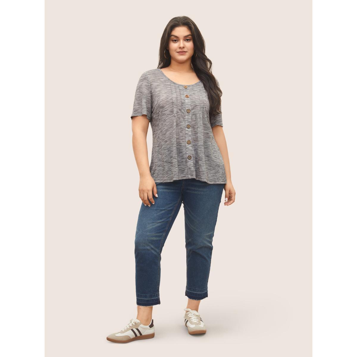 Plus Size Round Neck Heather Pleated Button Detail T-shirt LightGray Women Casual Button Plain Round Neck Everyday T-shirts BloomChic 22-24/3X Product Image