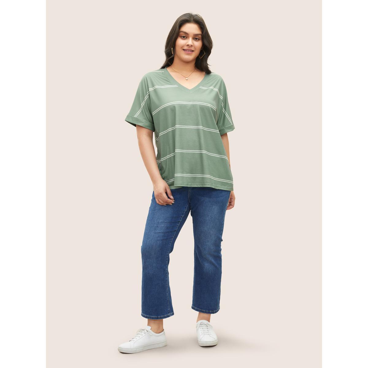 Plus Size Striped Contrast Dolman Sleeve T-shirt Mint Women Casual Striped V-neck Everyday T-shirts BloomChic 14-16/1X Product Image