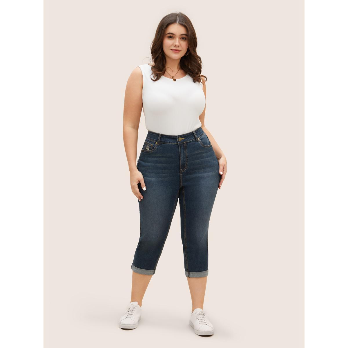 Plus Size Vintage Slanted Pocket Roll Hem Jeans Women DarkBlue Casual High stretch Slanted pocket Jeans BloomChic 30/6X Product Image