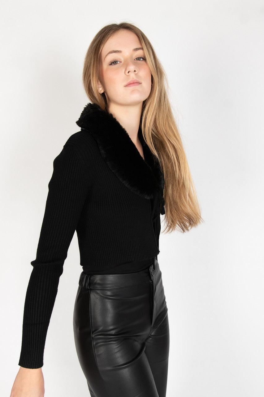 Faux Fur Collar Tie Front Cardigan Product Image