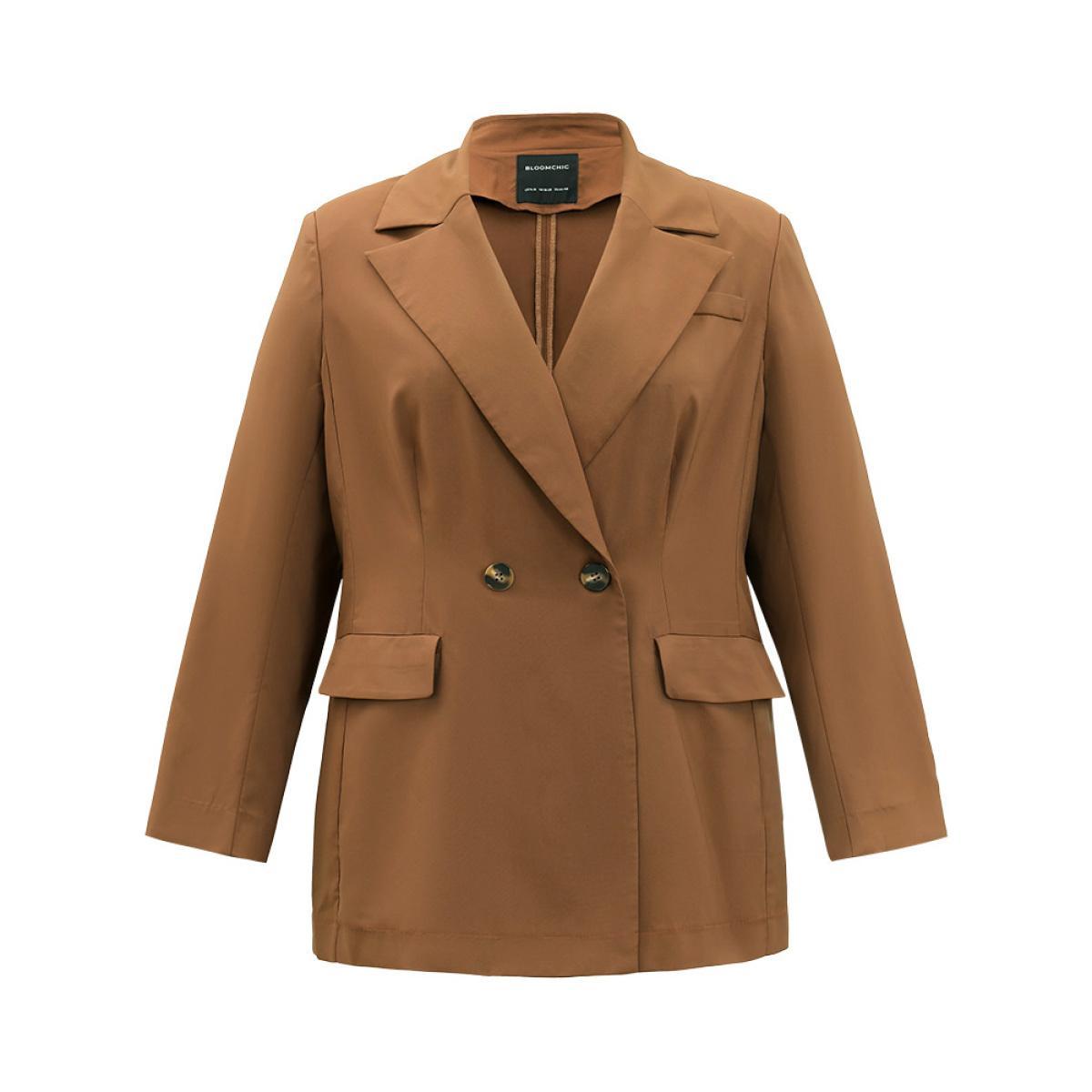 Plus Size Suit Collar Button Up Pocket Blazer DarkBrown Women Dailywear Plain Plain Sleeve Long Sleeve Suit Collar 22-24/3X Pocket Casual Blazers BloomChic Product Image