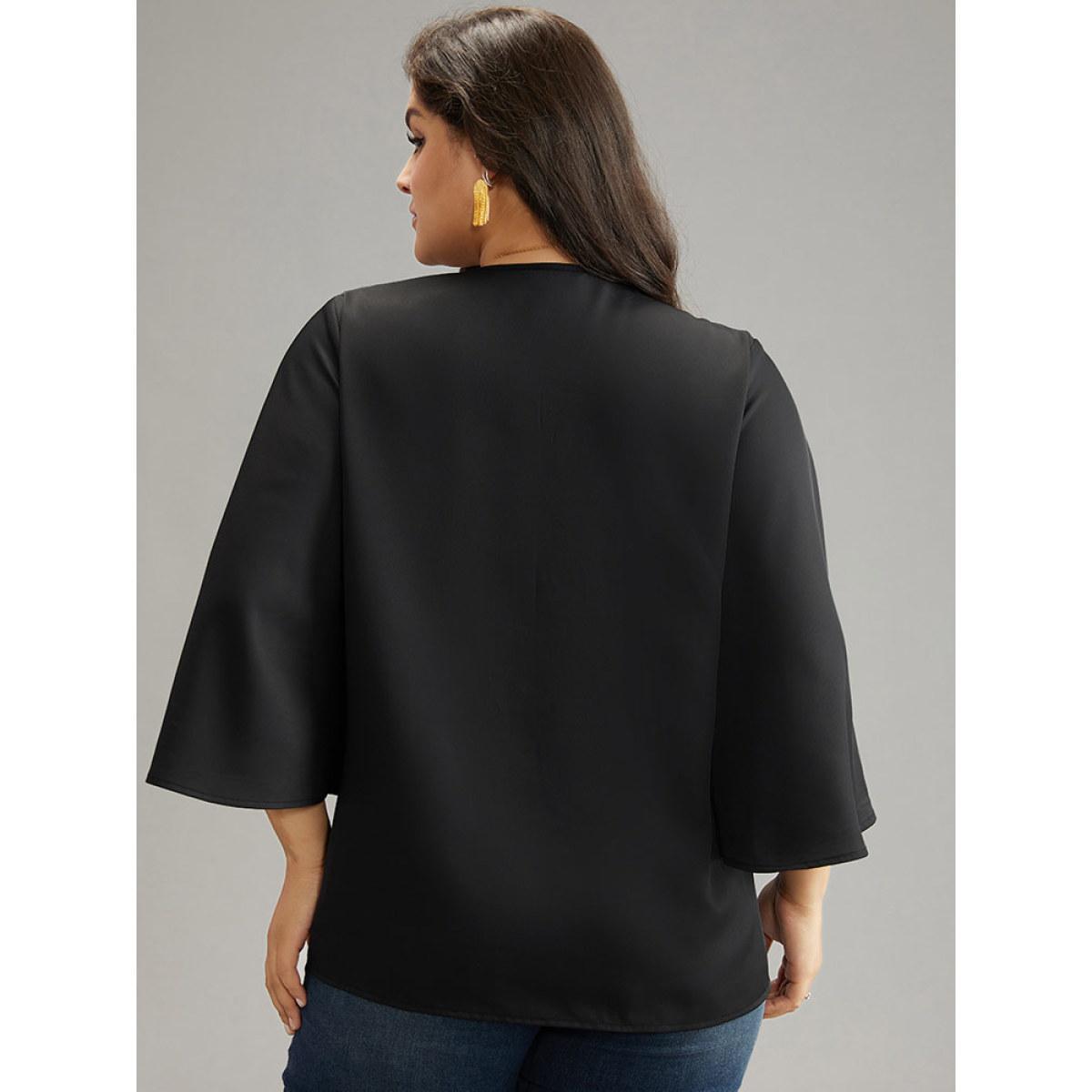 Plus Size Black Twill Rhinestone V Neck Ruffle Sleeve Blouse Women Glamour Elbow-length sleeve V-neck Going out Blouses BloomChic 14-16/1X Product Image
