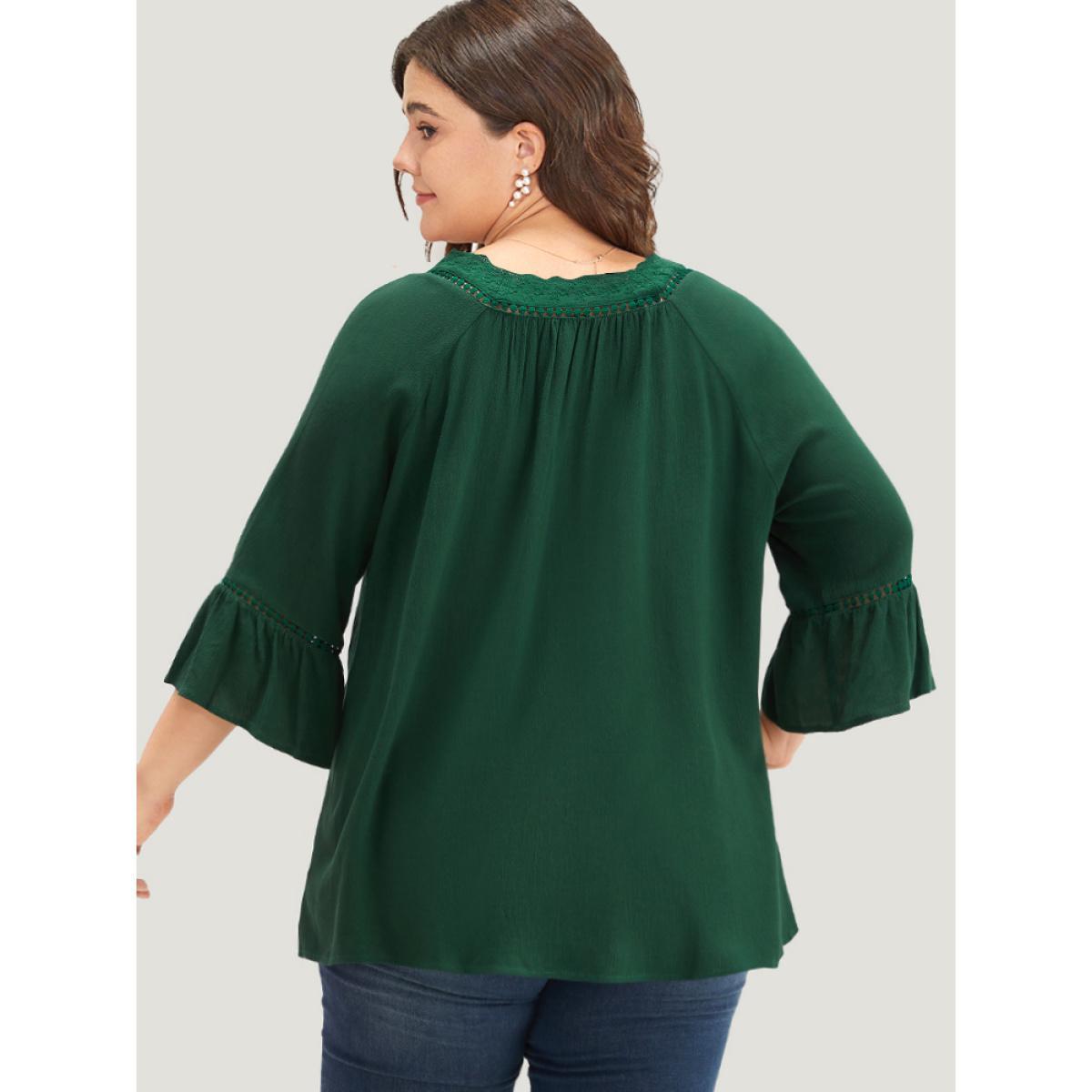 Plus Size Emerald Lace Panel Hollow Out Bell Sleeve Blouse Women Elegant Elbow-length sleeve V-neck Everyday Blouses BloomChic 28/5X Product Image