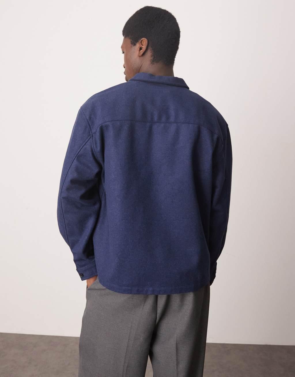 ASOS DESIGN oversized boxy zip through shirt with brushed finish and woven tab in navy Product Image