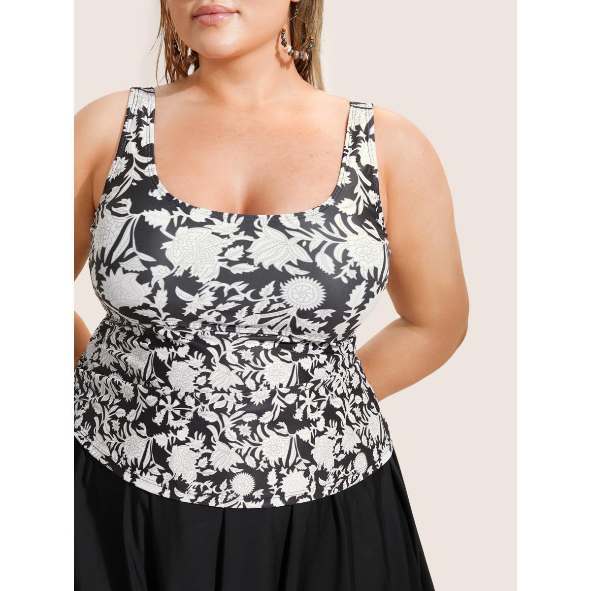 Plus Size Natural Flowers Tie Knot Drawstring Swim Dress Women's Swimwear Black Beach Bodycon U-neck High stretch Curve Swim Dresses BloomChic 18-20/2X Product Image