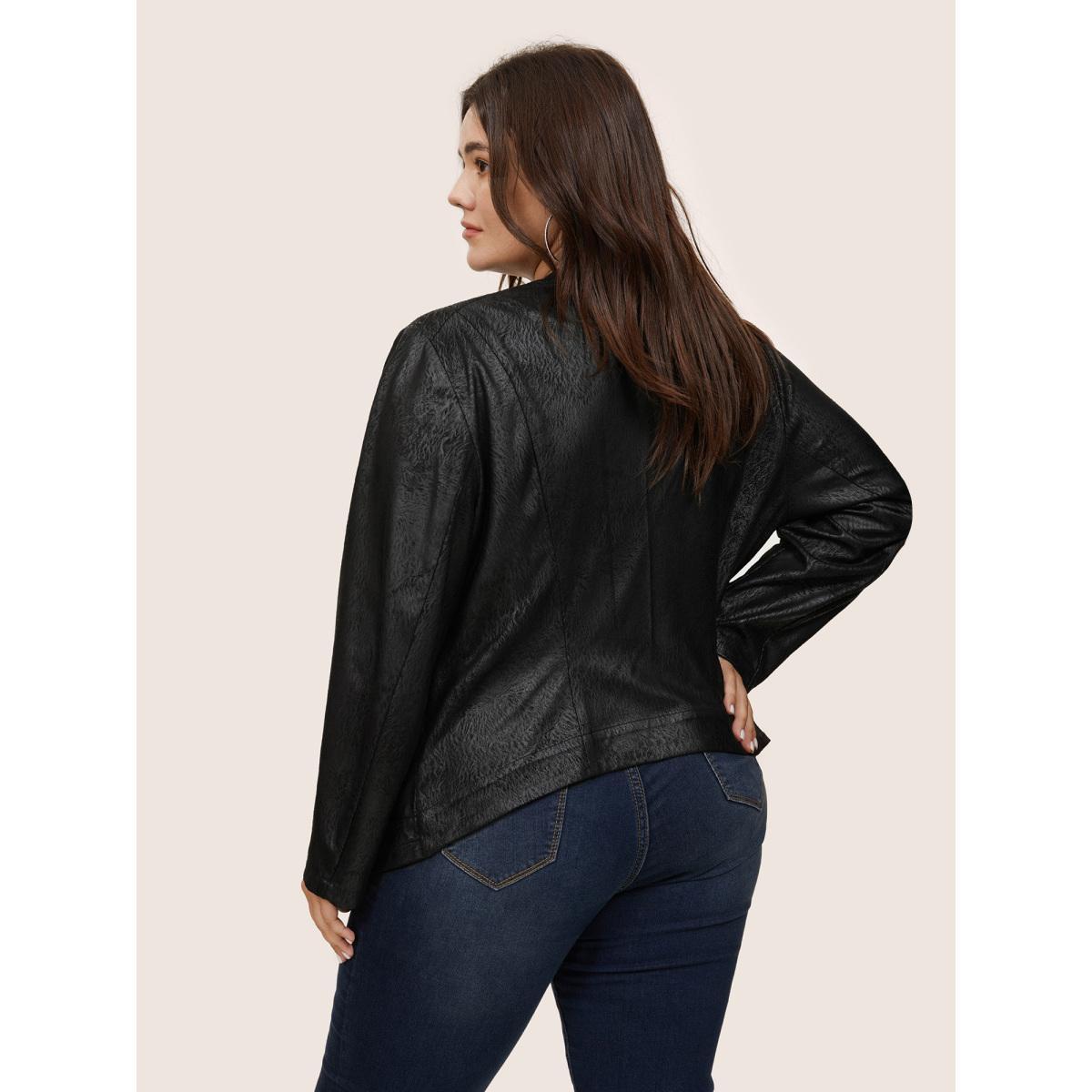 Plus Size PU Leather Print Faux Suede Buckle Detail Jacket Women Black Texture Pocket Everyday Jackets BloomChic 26/4X Product Image