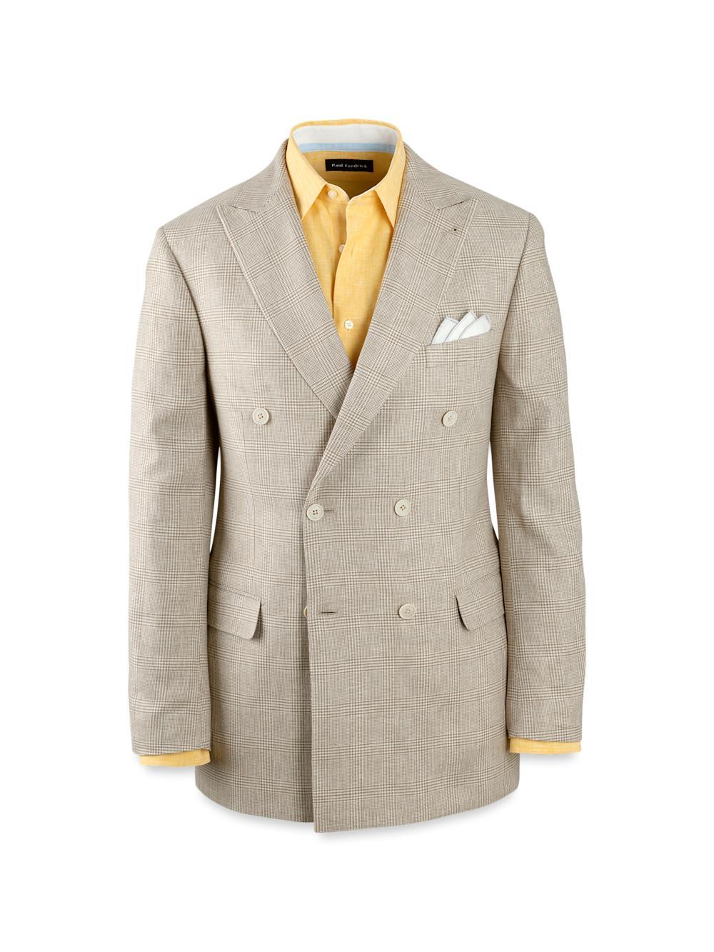 Linen Blend Plaid Double Breasted Peak Lapel Suit Jacket - Tan Product Image