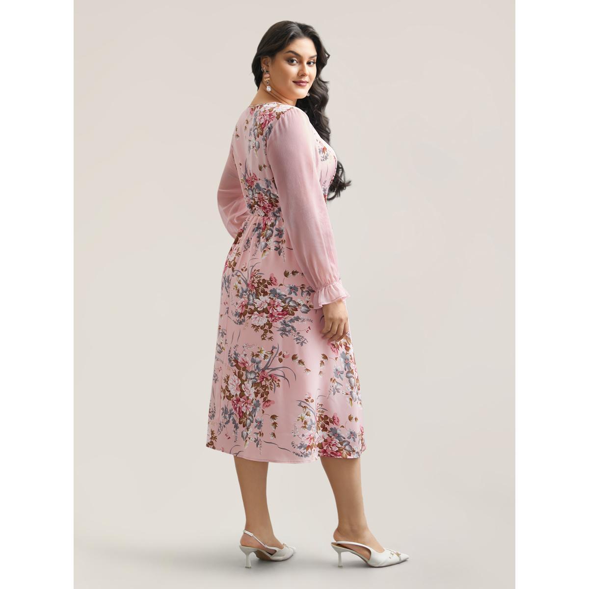 Plus Size Floral Print Spliced Waist Cinched Midi Dress MistyRose Women Elegant See through Round Neck Long Sleeve Curvy BloomChic 26/4X Product Image