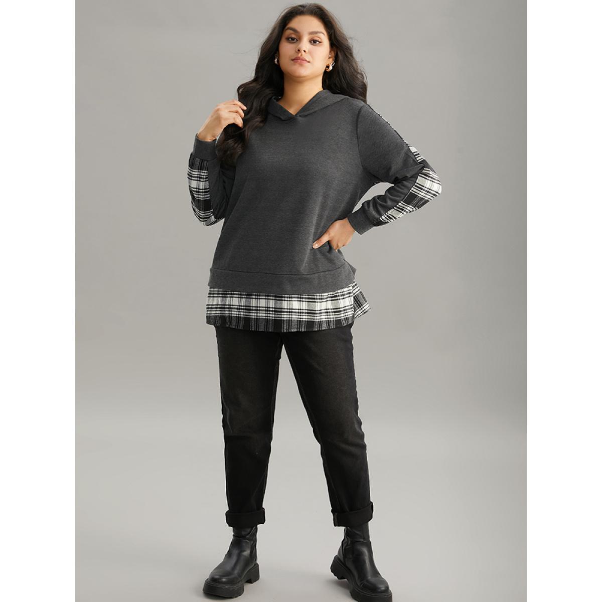 Plus Size Plaid Hem Patchwork Hooded Sweatshirt Women DimGray Casual Contrast Hooded Dailywear Sweatshirts BloomChic 30/6X Product Image
