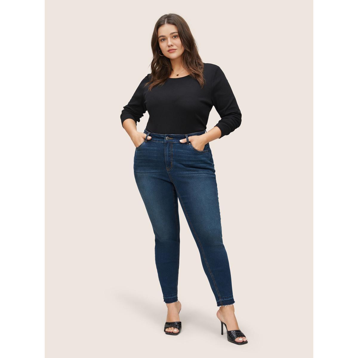 Plus Size Cutoff Skinny High Rise Zipper Fly Jeans Women DarkBlue Casual Plain Non High stretch Slanted pocket Jeans BloomChic 12/L Product Image
