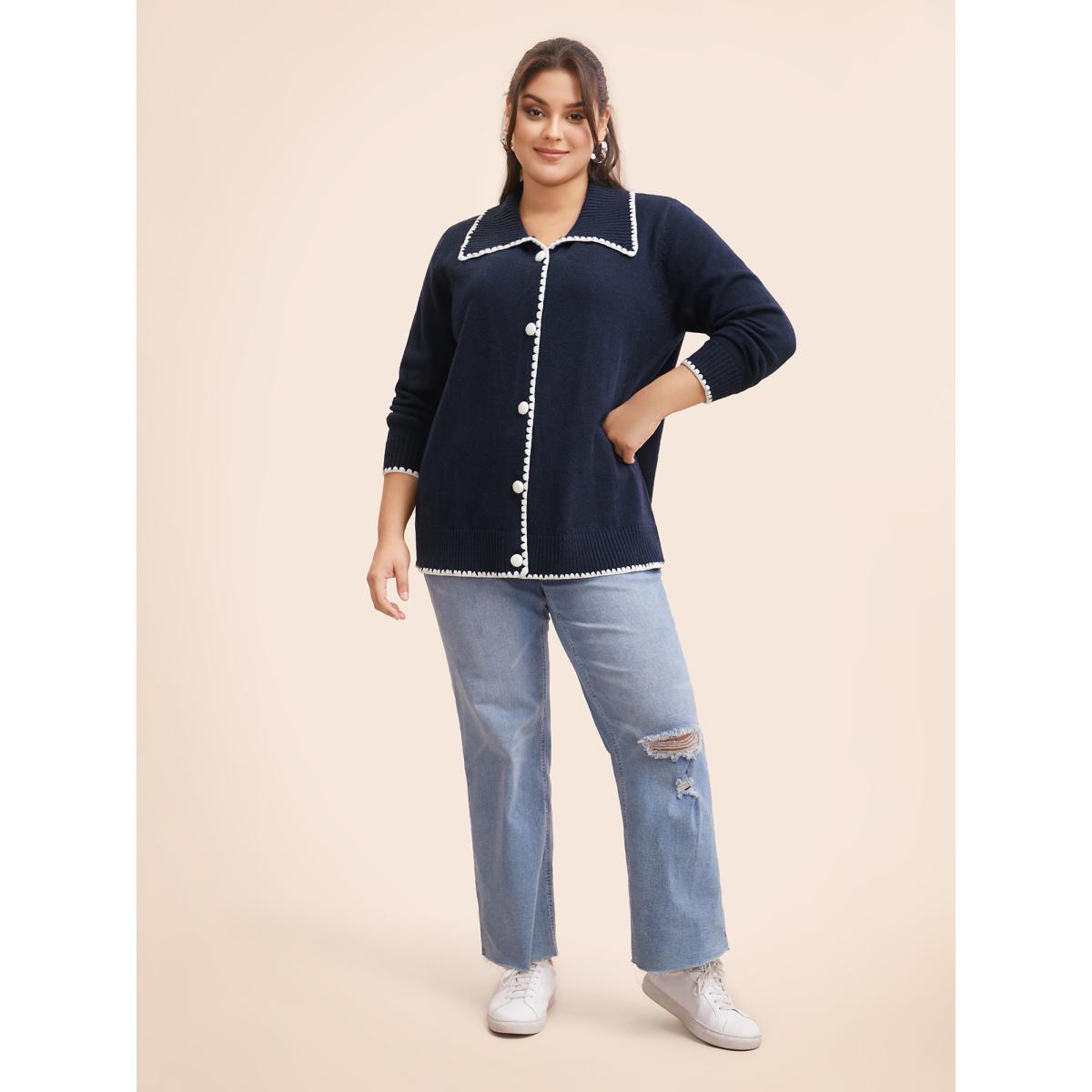 Plus Size Lapel Collar Contrast Trim Cardigan Indigo Women Casual Long Sleeve Everyday Cardigans BloomChic 10/M Product Image