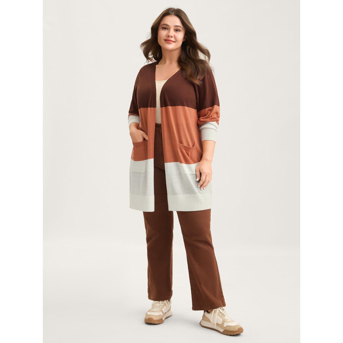 Plus Size Supersoft Color Block Front-Open Lightweight Cardigan Browncoffeecolor Women Loose Long Sleeve Everyday-Casual Cardigans BloomChic 18-20/2X Product Image