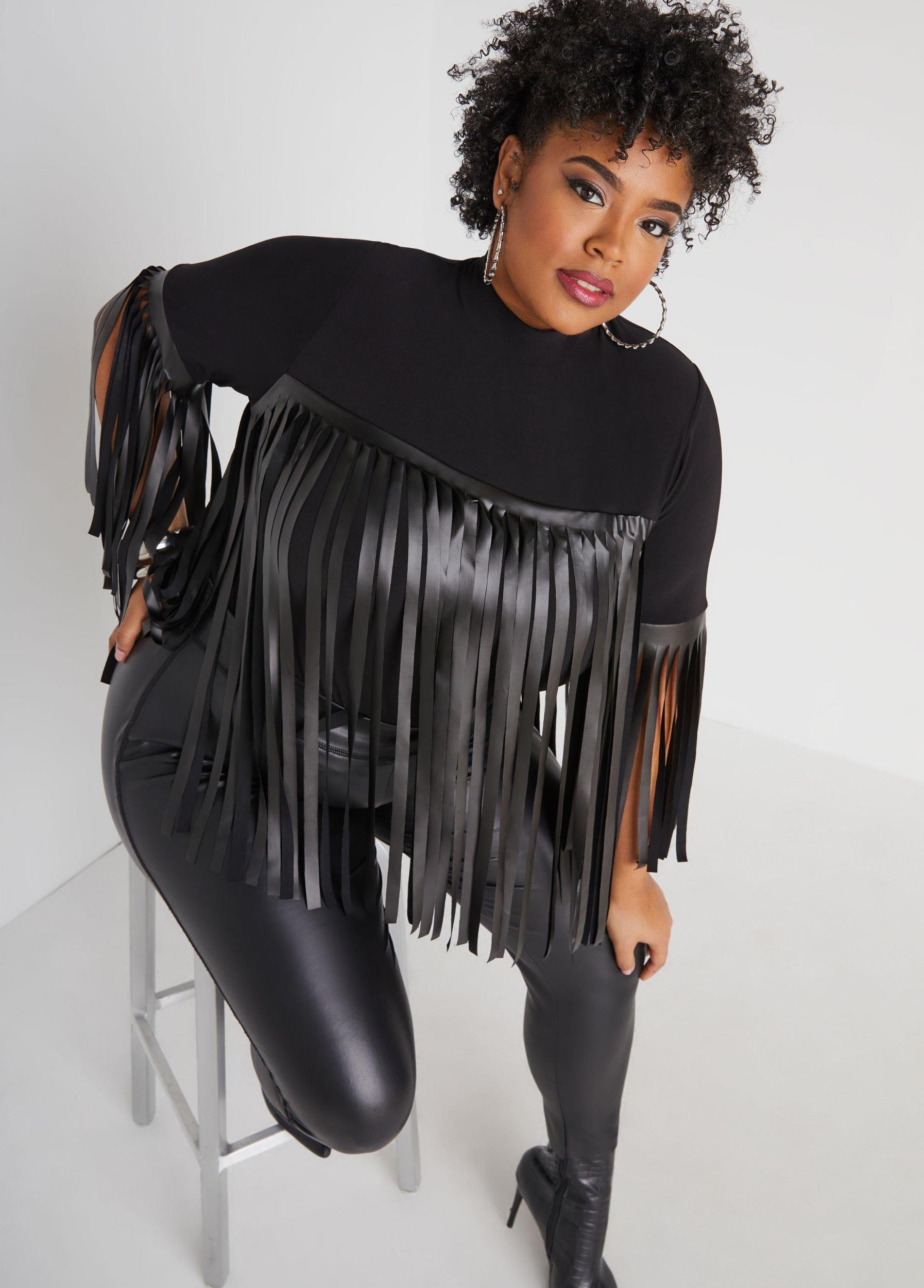 Fringed Faux Leather Knit Top Product Image