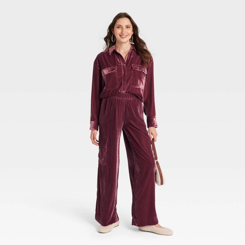 Womens Mid-Rise Wide Leg Velvet Cargo Pants - Universal Thread Maroon M: Recycled Polyester, Casual Fit, Elastic Waistband, 31 Inseam Product Image