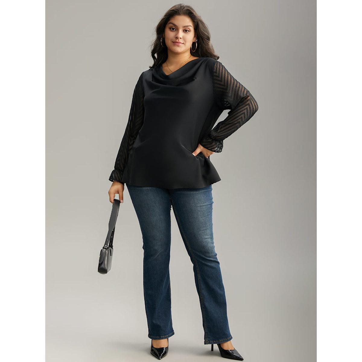 Plus Size Black Patchwork Mesh Texture Cowl Neck Blouse Women Office Long Sleeve Cowl Neck Work Blouses BloomChic 28/5X Product Image