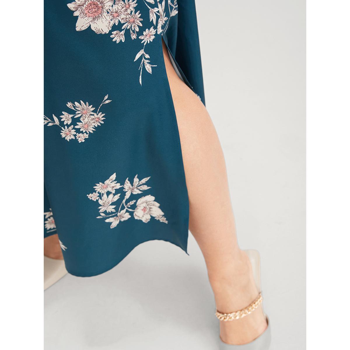 Plus Size Floral Button Up Pocket Split Shirred Shirt Collar Dress Aegean Women Elegant Printed Shirt collar Long Sleeve Curvy Midi Dress BloomChic 28/5X Product Image