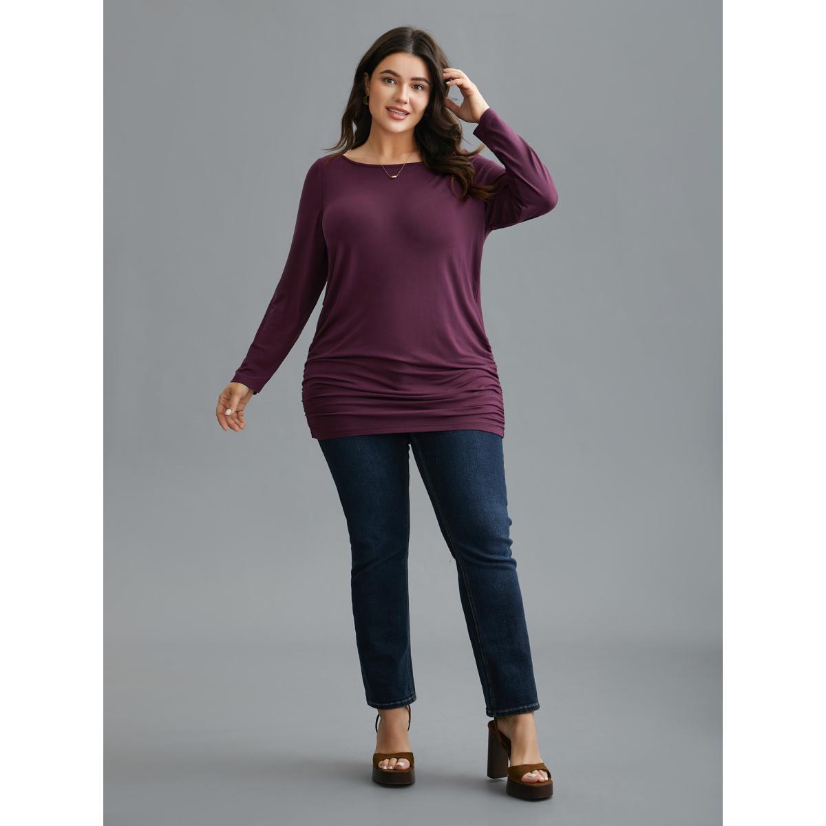 Plus Size Very Stretchy Supersoft Slim-Fit T-shirt Plum Women Elegant Gathered Boat Neck Everyday T-shirts BloomChic 12/L Product Image