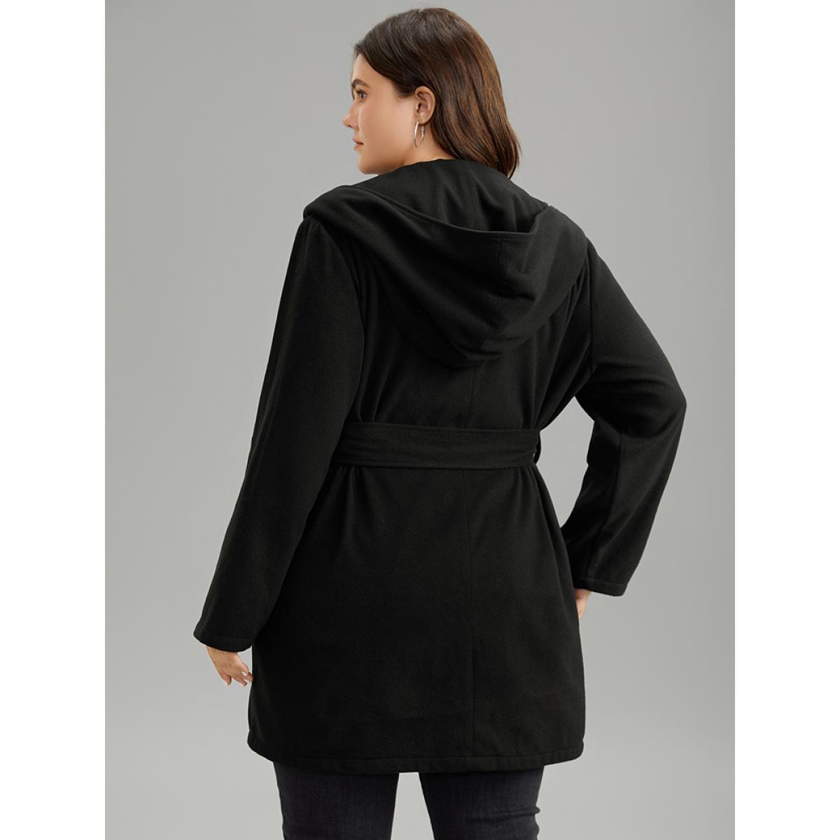 Plus Size Plain Belted Hooded Tunic Pocket Coat Women Black Casual Plain Ladies Dailywear Winter Coats BloomChic 30/6X Product Image
