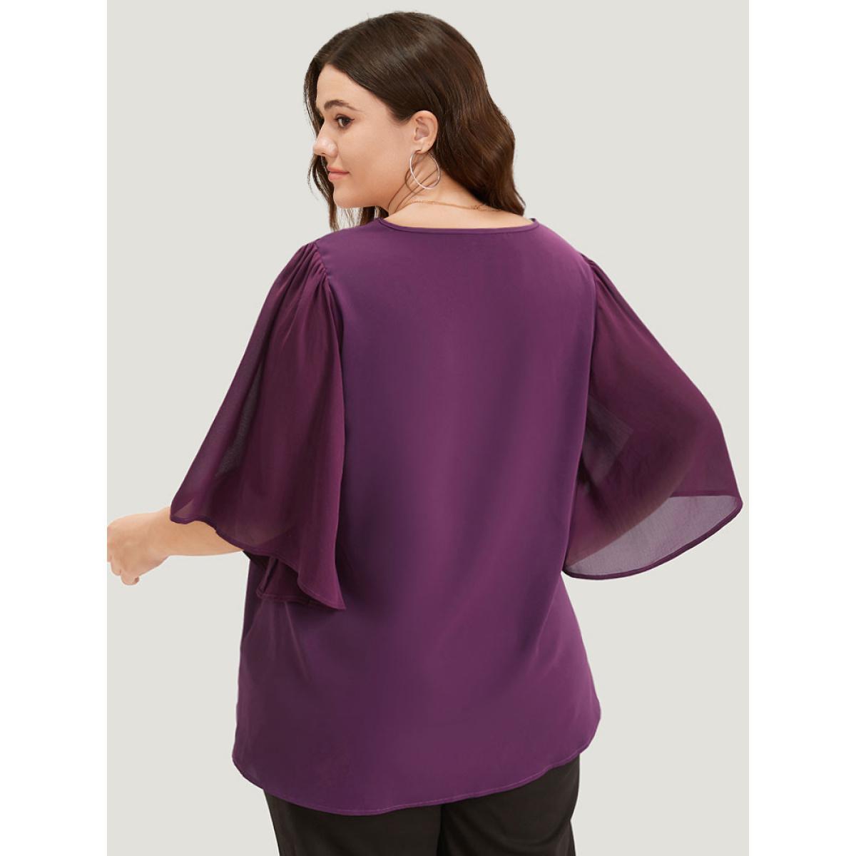 Plus Size Purple Anti-Wrinkle Plain V Neck Mesh Patchwork Flutter Sleeve Blouse Women Office Half Sleeve V-neck Work Blouses BloomChic 26/4X Product Image