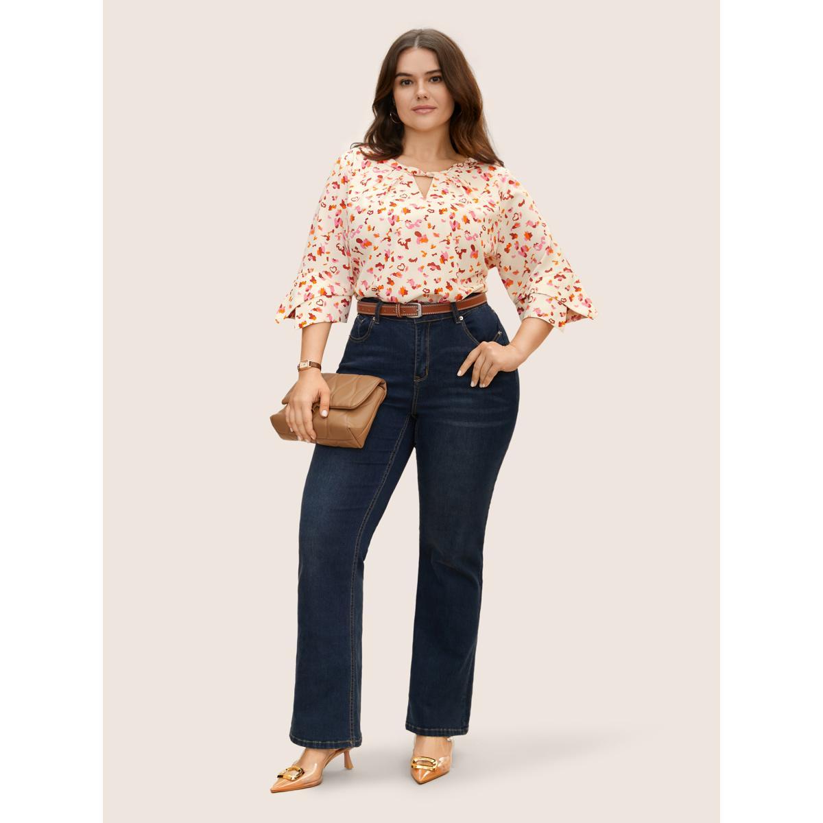 Plus Size Multicolor Allover Print Ruffle Sleeve Keyhole Blouse Women At the Office Elbow-length sleeve Round Neck Work Blouses BloomChic 14-16/1X Product Image