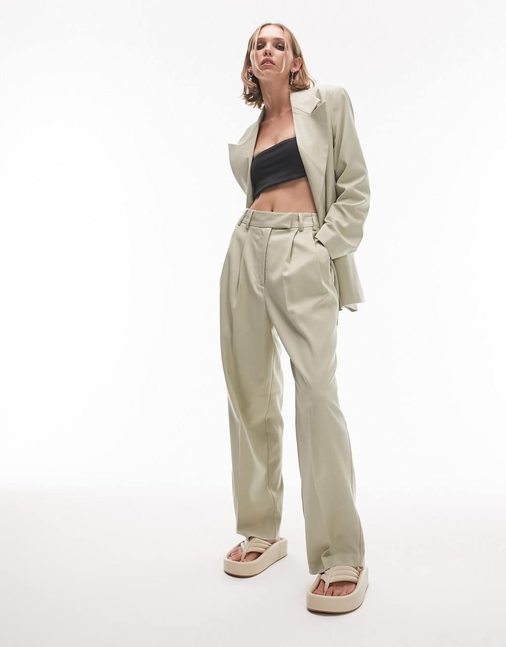 Topshop Petite straight tailored pants in sage - part of a set Product Image