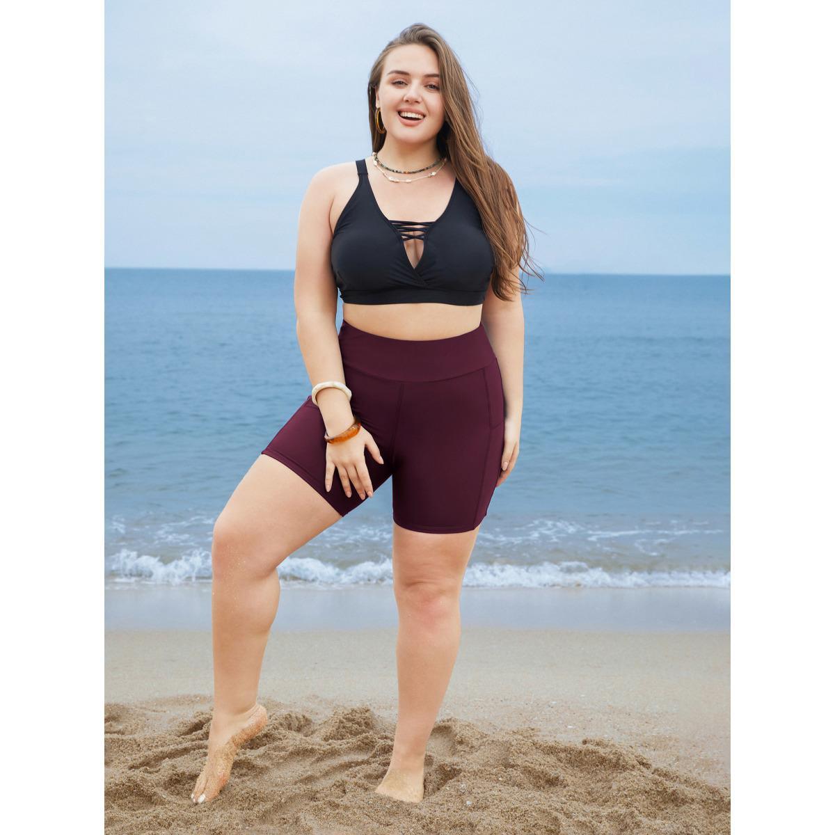 Plus Size Solid Wideband Waist Swim Shorts Women's Swimwear Plum Beach Non High stretch Skinny High Rise Curve Swim Bottoms BloomChic 26/4X Product Image
