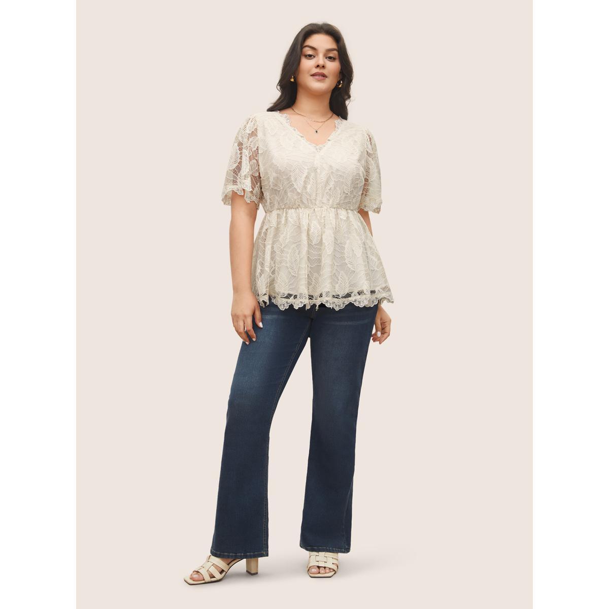 Plus Size Apricot Lace Panel Mesh Patchwork Elastic Waist Blouse Women Elegant Short sleeve V-neck Everyday Blouses BloomChic 10/M Product Image
