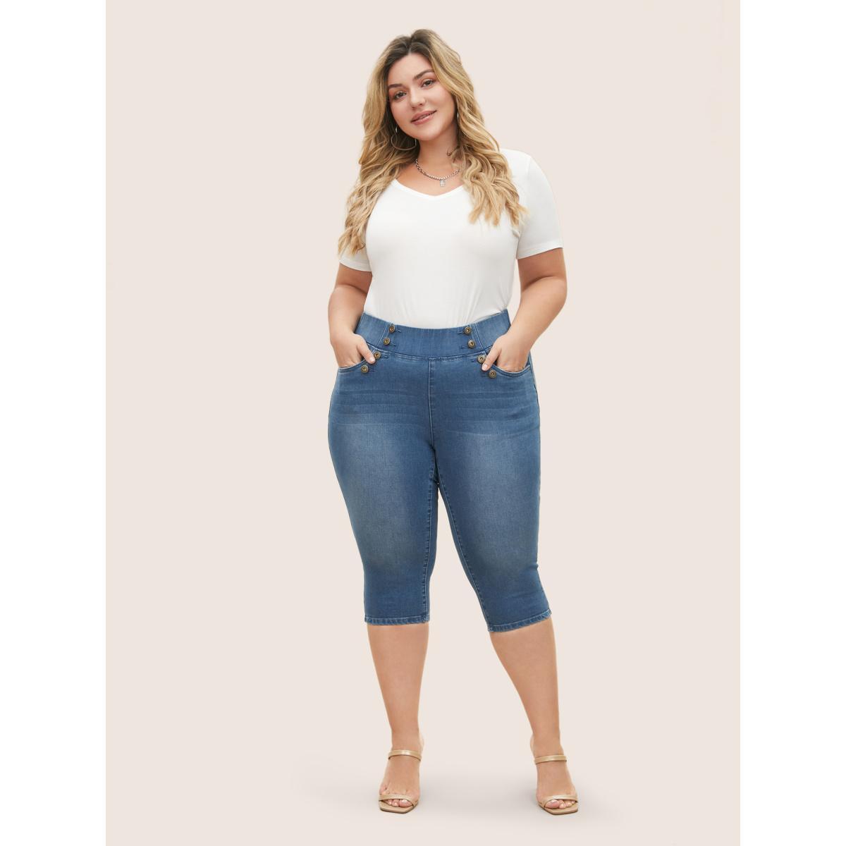 Plus Size Light Wash Button Detail Pull On Jegging Jeans Women Blue Casual Plain Non High stretch Slanted pocket Jeans BloomChic 16/1X Product Image