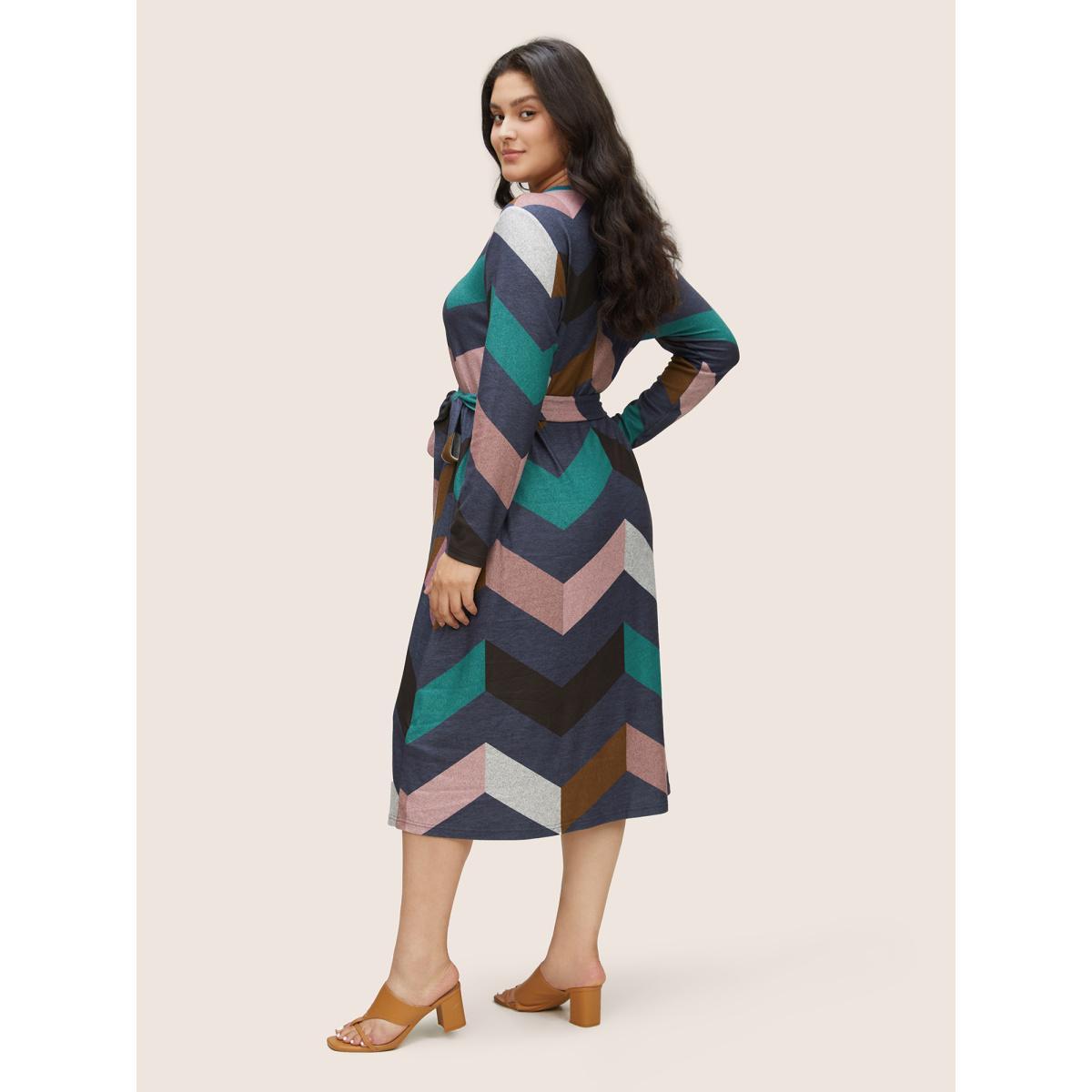 Plus Size Crew Neck Contrast Colorblock Belted Dress Multicolor Women Casual Belted Round Neck Long Sleeve Curvy Midi Dress BloomChic 28/5X Product Image