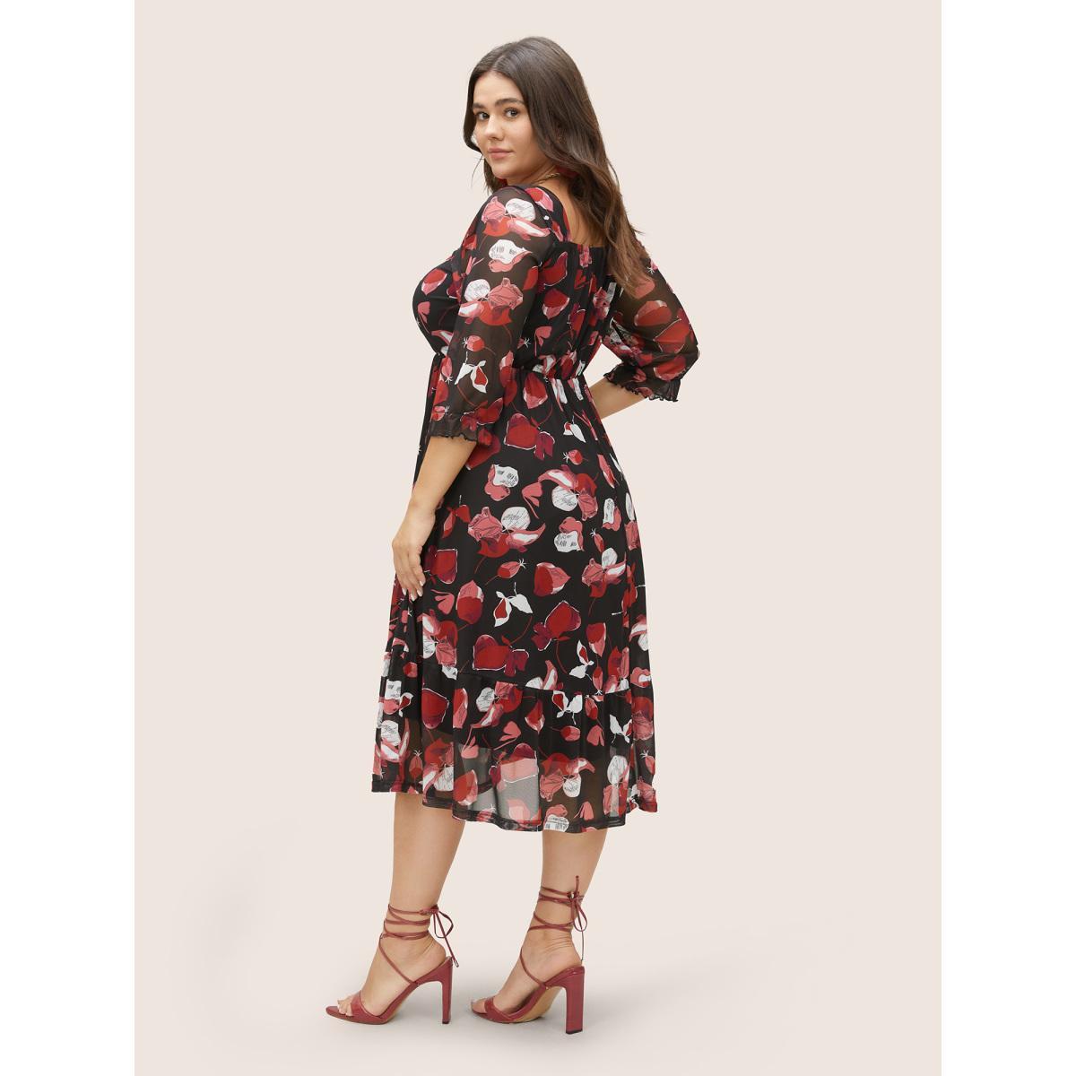 Plus Size Floral Print Drawstring Mesh Ruched Dress Black Women Elegant Lined Square Neck Half Sleeve Curvy Midi Dress BloomChic 18-20/2X Product Image