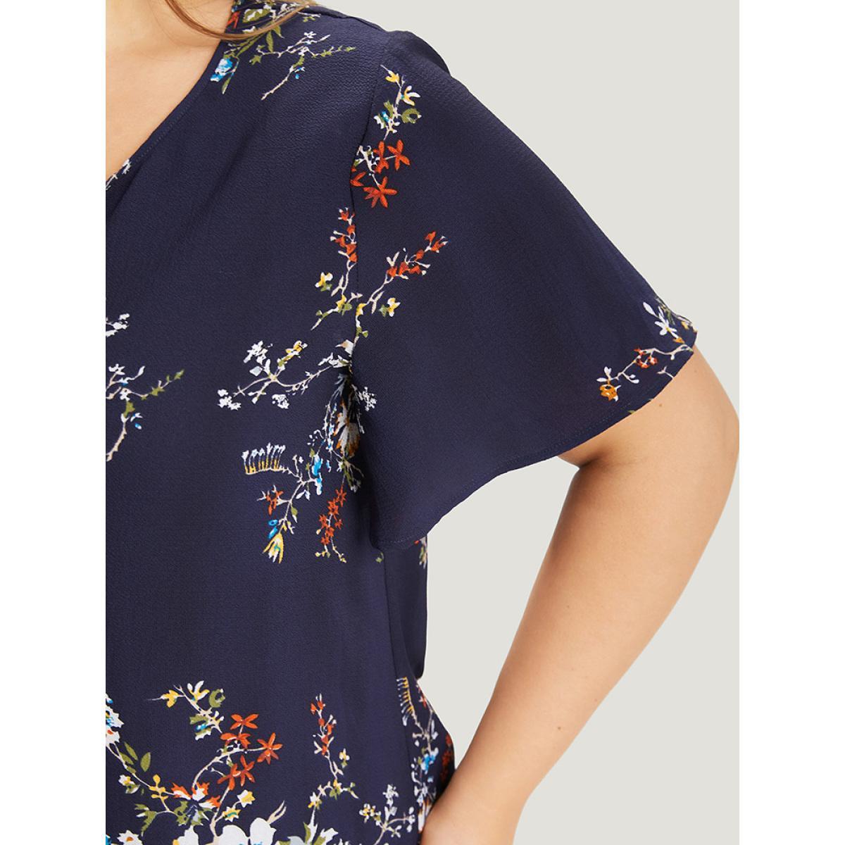 Plus Size Blue Floral Print Knot Neck Blouse Women Elegant Short sleeve Tie Neck Dailywear Blouses BloomChic 22-24/3X Product Image