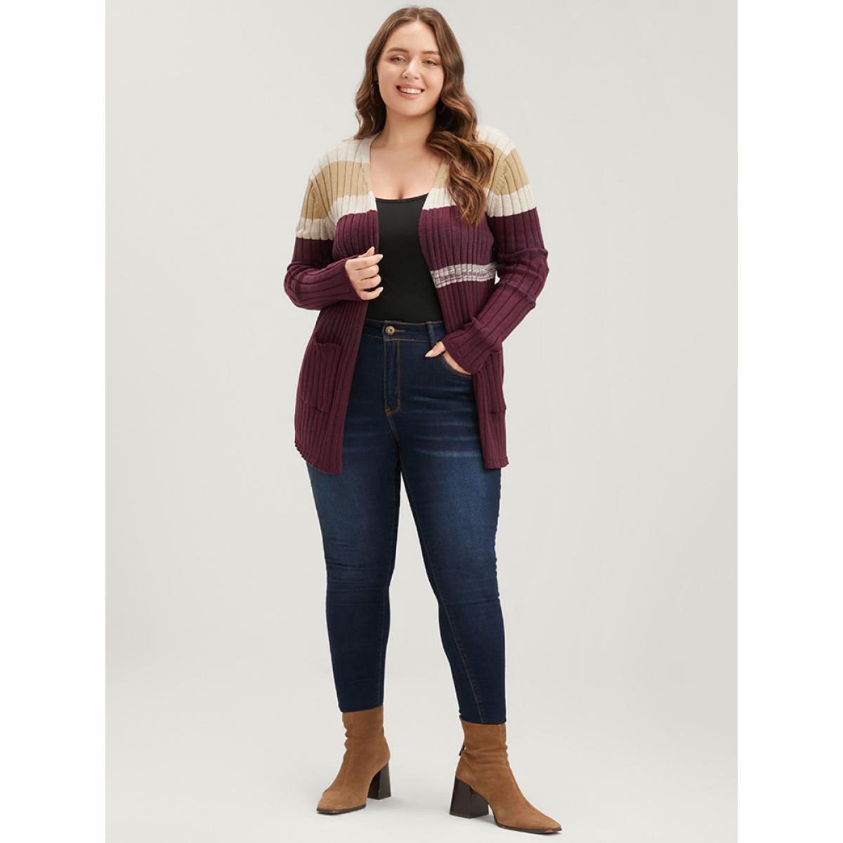 Plus Size Colorblock Contrast Super Soft Rib Knit Pocket Open Front Cardigan Burgundy Women Casual Long Sleeve Dailywear Cardigans BloomChic 10/M Product Image