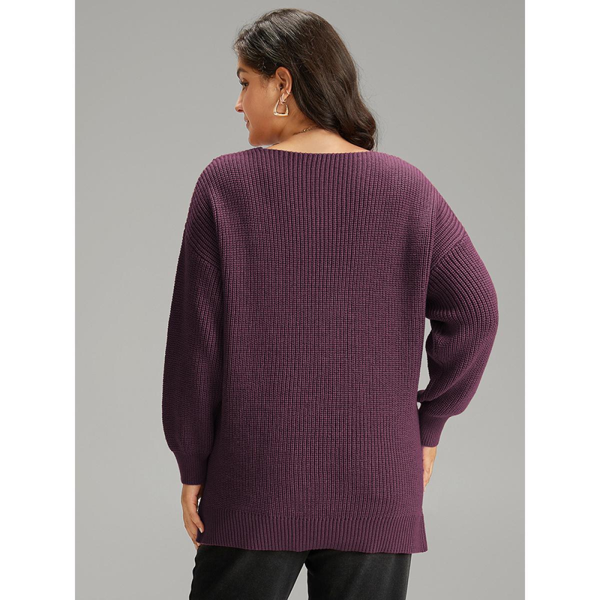 Plus Size Cable Knit Split Side Elastic Cuffs Pullover Eggplant Women Casual Loose Long Sleeve V-neck Dailywear Pullovers BloomChic 14-16/1X Product Image